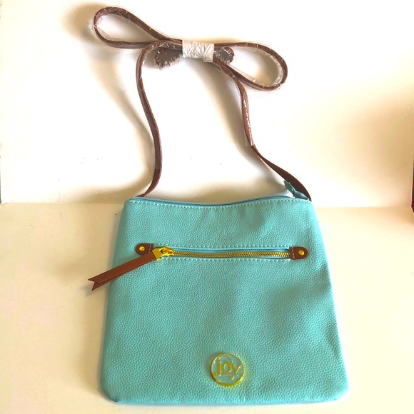 JOY MANGANO Aqua Blue w/Tan Trim Pebbled Leather CROSSBODY Shoulder Bag - Picture 2 of 6